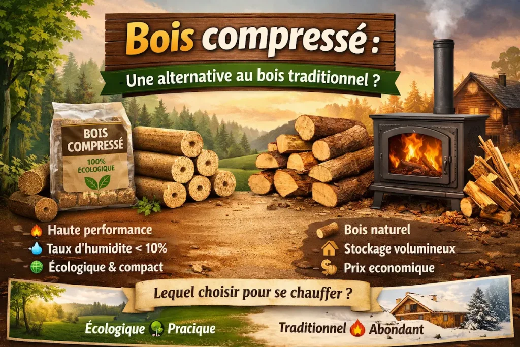 banniere buches compresses vs bois de chauffage traditionnel